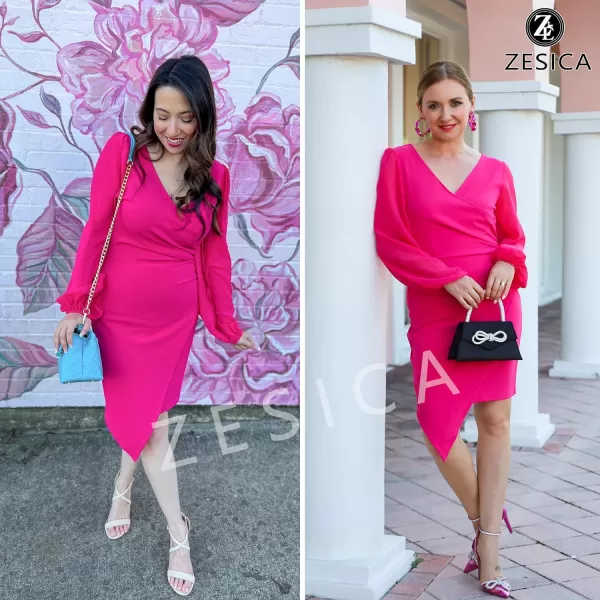 imageZESICA Womens Wrap V Neck Bodycon Mini Dress Puff Long Sleeve Ruched Asymmetrical Hem Cocktail Party Short DressesRose