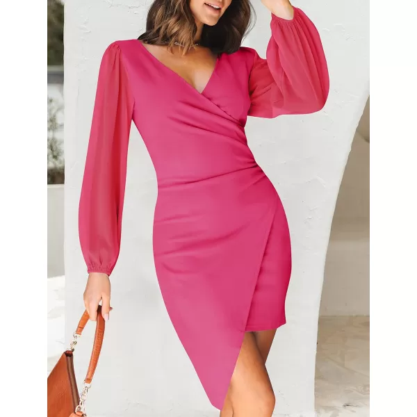 imageZESICA Womens Wrap V Neck Bodycon Mini Dress Puff Long Sleeve Ruched Asymmetrical Hem Cocktail Party Short DressesRose