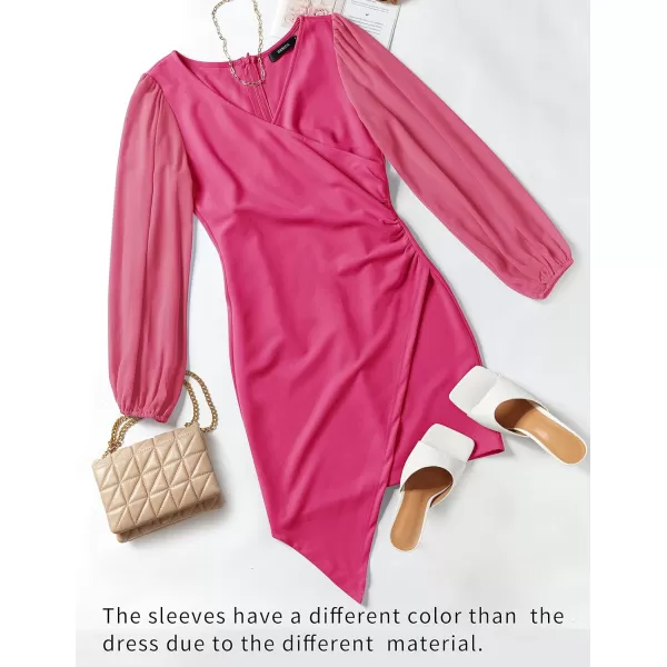 imageZESICA Womens Wrap V Neck Bodycon Mini Dress Puff Long Sleeve Ruched Asymmetrical Hem Cocktail Party Short DressesRose