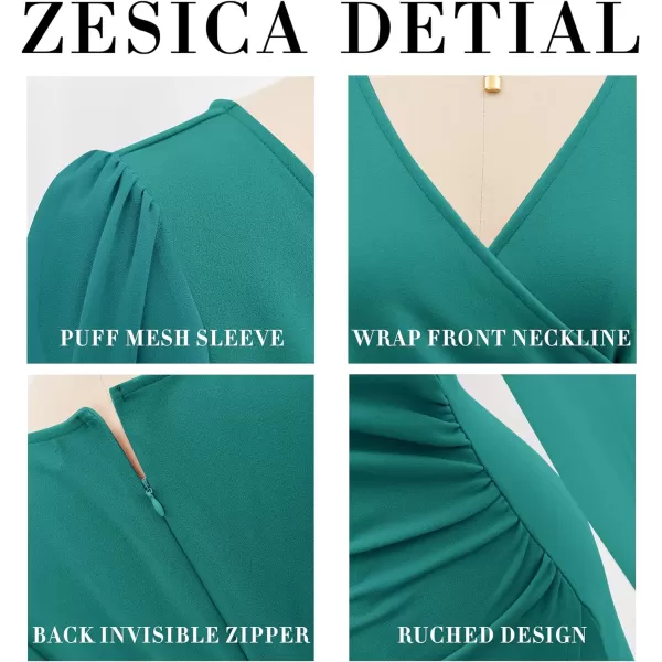 imageZESICA Womens Wrap V Neck Bodycon Mini Dress Puff Long Sleeve Ruched Asymmetrical Hem Cocktail Party Short DressesTeal
