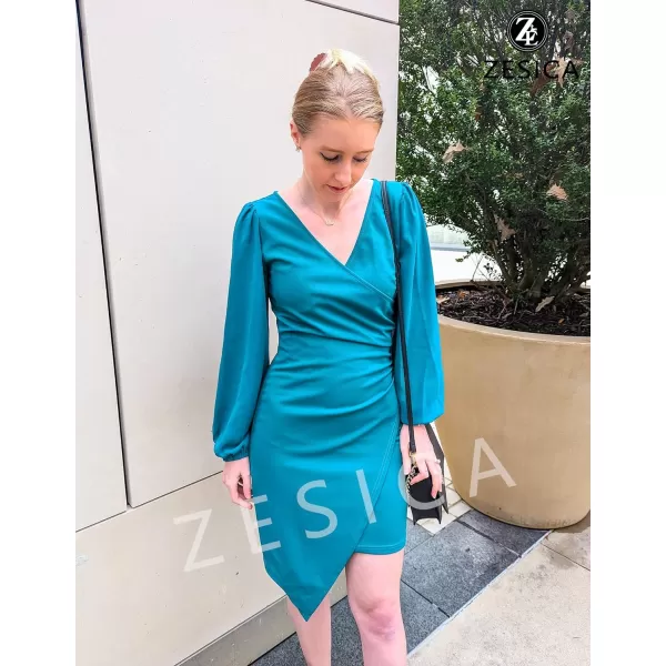 imageZESICA Womens Wrap V Neck Bodycon Mini Dress Puff Long Sleeve Ruched Asymmetrical Hem Cocktail Party Short DressesTeal