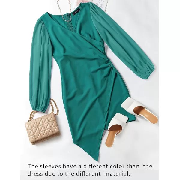 imageZESICA Womens Wrap V Neck Bodycon Mini Dress Puff Long Sleeve Ruched Asymmetrical Hem Cocktail Party Short DressesTeal