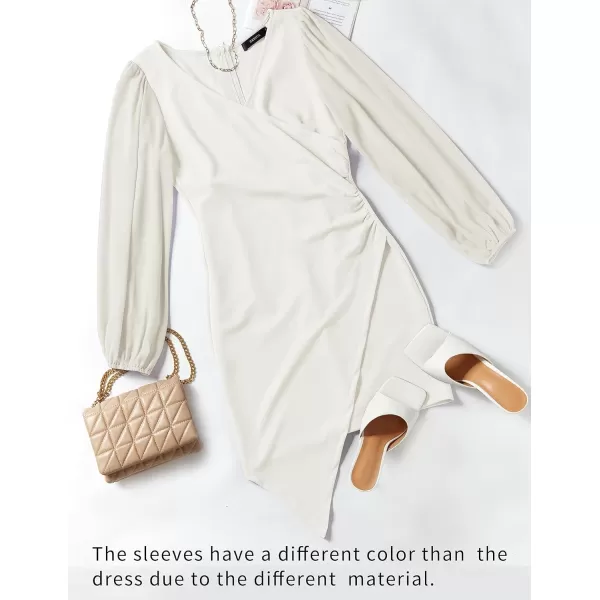 imageZESICA Womens Wrap V Neck Bodycon Mini Dress Puff Long Sleeve Ruched Asymmetrical Hem Cocktail Party Short DressesWhite