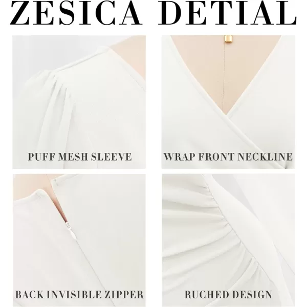 imageZESICA Womens Wrap V Neck Bodycon Mini Dress Puff Long Sleeve Ruched Asymmetrical Hem Cocktail Party Short DressesWhite