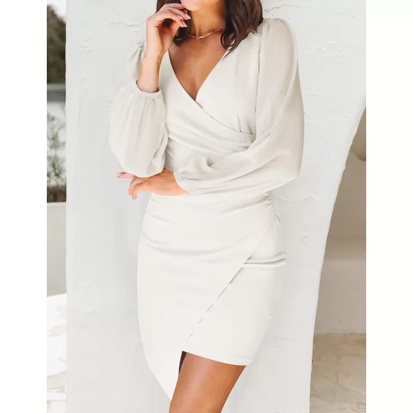 imageZESICA Womens Wrap V Neck Bodycon Mini Dress Puff Long Sleeve Ruched Asymmetrical Hem Cocktail Party Short DressesWhite