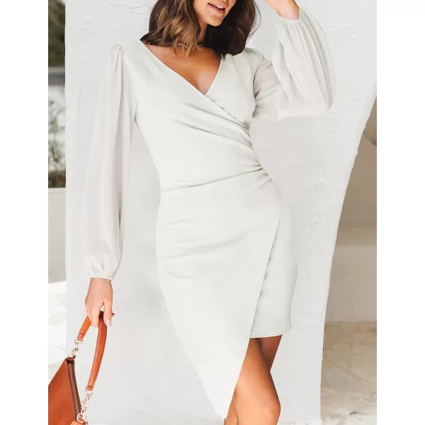 imageZESICA Womens Wrap V Neck Bodycon Mini Dress Puff Long Sleeve Ruched Asymmetrical Hem Cocktail Party Short DressesWhite