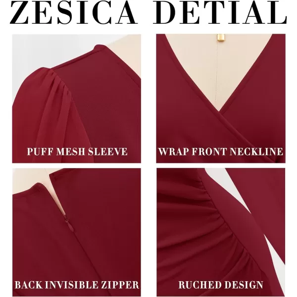 imageZESICA Womens Wrap V Neck Bodycon Mini Dress Puff Long Sleeve Ruched Asymmetrical Hem Cocktail Party Short DressesWine