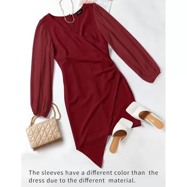 imageZESICA Womens Wrap V Neck Bodycon Mini Dress Puff Long Sleeve Ruched Asymmetrical Hem Cocktail Party Short DressesWine