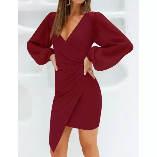imageZESICA Womens Wrap V Neck Bodycon Mini Dress Puff Long Sleeve Ruched Asymmetrical Hem Cocktail Party Short DressesWine
