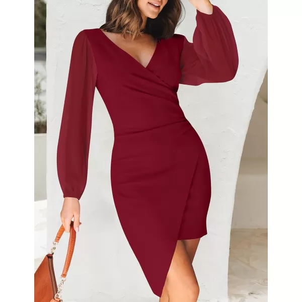 imageZESICA Womens Wrap V Neck Bodycon Mini Dress Puff Long Sleeve Ruched Asymmetrical Hem Cocktail Party Short DressesWine