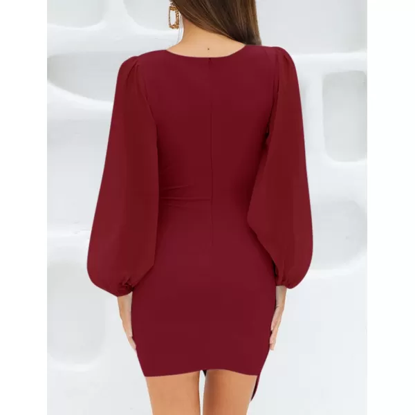 imageZESICA Womens Wrap V Neck Bodycon Mini Dress Puff Long Sleeve Ruched Asymmetrical Hem Cocktail Party Short DressesWine