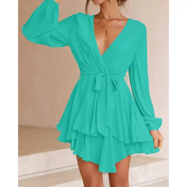 imageZESICA Womens Wrap V Neck Dress Long Sleeve 2023 Tie Waist Ruffle Hem Cocktail Wedding Party Swing Mini DressesAqua