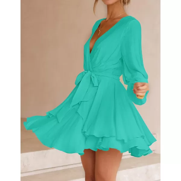 imageZESICA Womens Wrap V Neck Dress Long Sleeve 2023 Tie Waist Ruffle Hem Cocktail Wedding Party Swing Mini DressesAqua