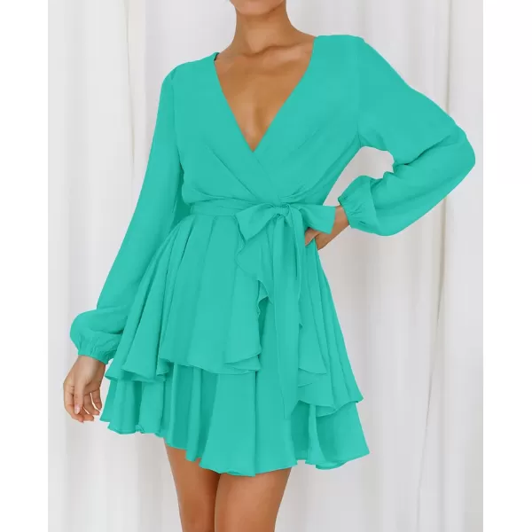 imageZESICA Womens Wrap V Neck Dress Long Sleeve 2023 Tie Waist Ruffle Hem Cocktail Wedding Party Swing Mini DressesAqua