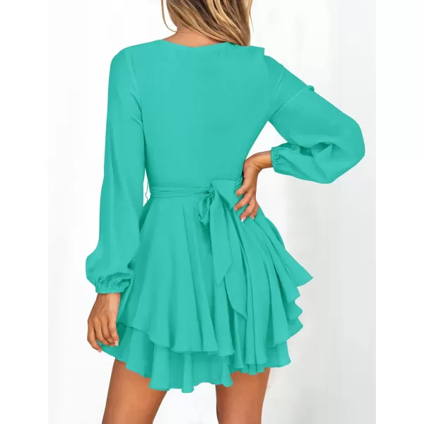 imageZESICA Womens Wrap V Neck Dress Long Sleeve 2023 Tie Waist Ruffle Hem Cocktail Wedding Party Swing Mini DressesAqua