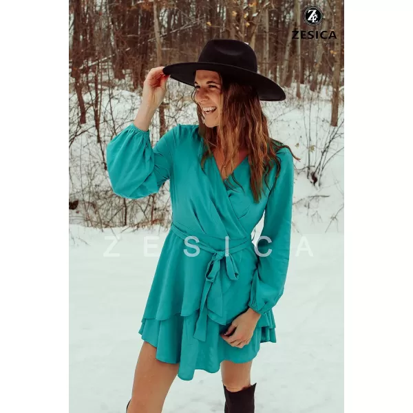 imageZESICA Womens Wrap V Neck Dress Long Sleeve 2023 Tie Waist Ruffle Hem Cocktail Wedding Party Swing Mini DressesAqua