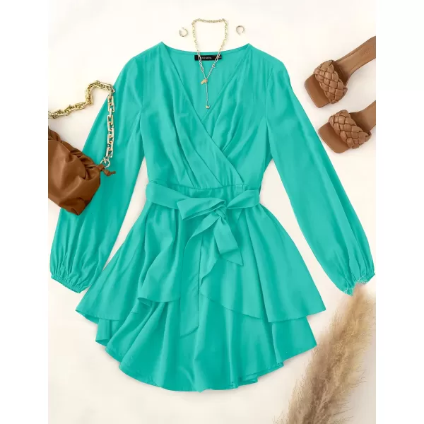 imageZESICA Womens Wrap V Neck Dress Long Sleeve 2023 Tie Waist Ruffle Hem Cocktail Wedding Party Swing Mini DressesAqua