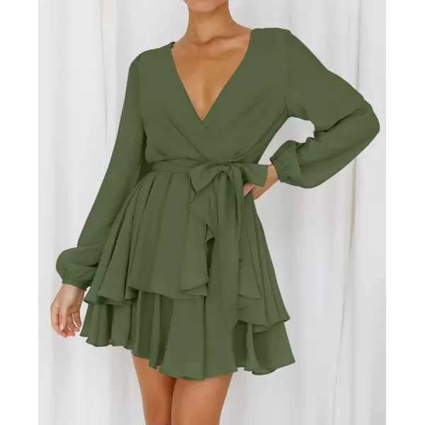 imageZESICA Womens Wrap V Neck Dress Long Sleeve 2023 Tie Waist Ruffle Hem Cocktail Wedding Party Swing Mini DressesArmygreen