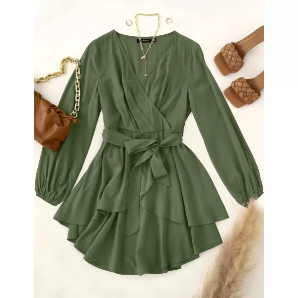 imageZESICA Womens Wrap V Neck Dress Long Sleeve 2023 Tie Waist Ruffle Hem Cocktail Wedding Party Swing Mini DressesArmygreen
