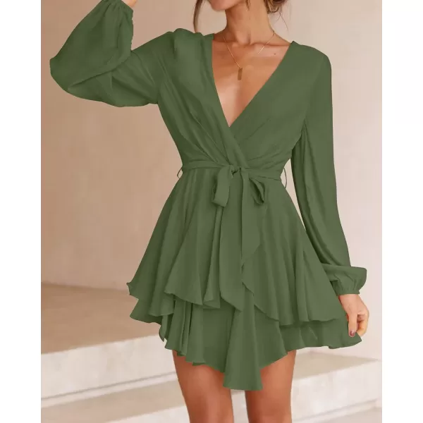 imageZESICA Womens Wrap V Neck Dress Long Sleeve 2023 Tie Waist Ruffle Hem Cocktail Wedding Party Swing Mini DressesArmygreen