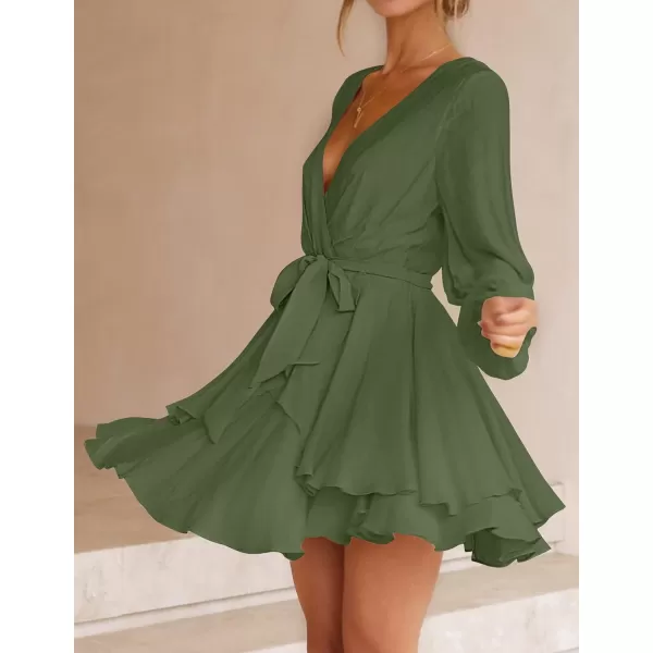 imageZESICA Womens Wrap V Neck Dress Long Sleeve 2023 Tie Waist Ruffle Hem Cocktail Wedding Party Swing Mini DressesArmygreen