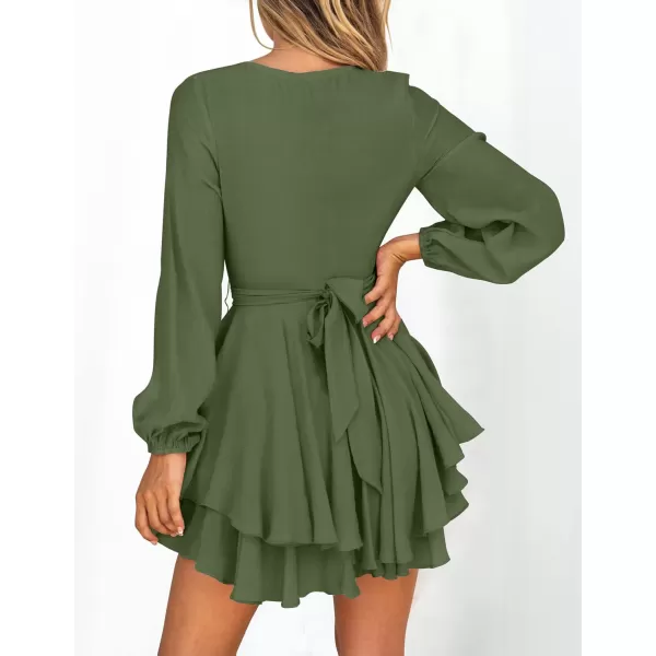 imageZESICA Womens Wrap V Neck Dress Long Sleeve 2023 Tie Waist Ruffle Hem Cocktail Wedding Party Swing Mini DressesArmygreen