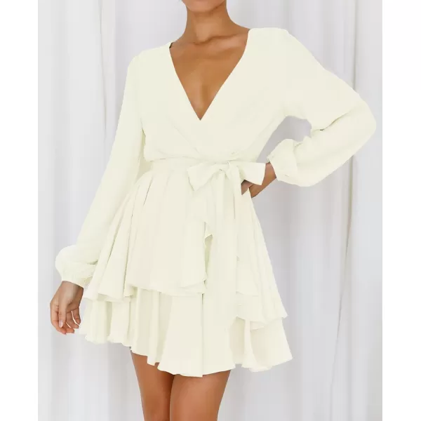 imageZESICA Womens Wrap V Neck Dress Long Sleeve 2023 Tie Waist Ruffle Hem Cocktail Wedding Party Swing Mini DressesBeige