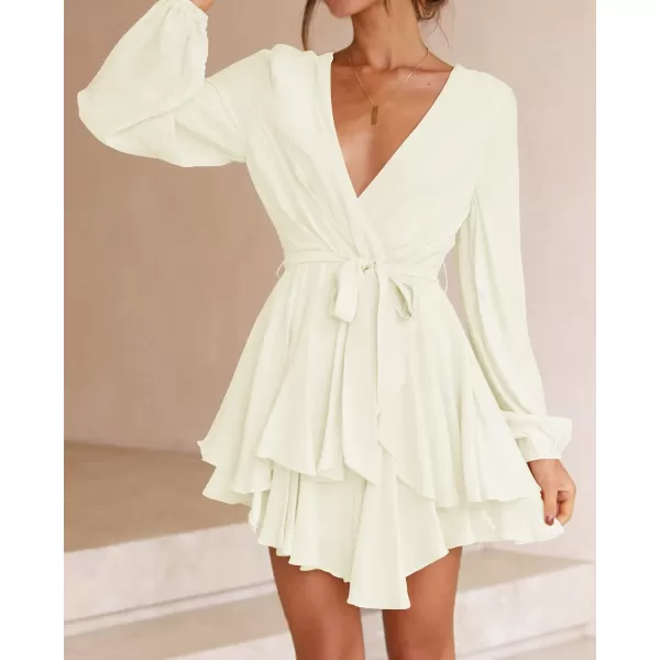 imageZESICA Womens Wrap V Neck Dress Long Sleeve 2023 Tie Waist Ruffle Hem Cocktail Wedding Party Swing Mini DressesBeige