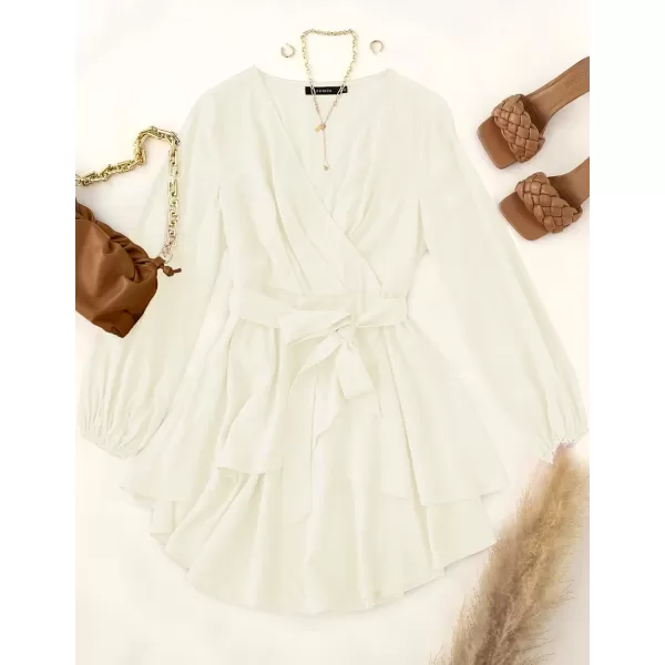 imageZESICA Womens Wrap V Neck Dress Long Sleeve 2023 Tie Waist Ruffle Hem Cocktail Wedding Party Swing Mini DressesBeige