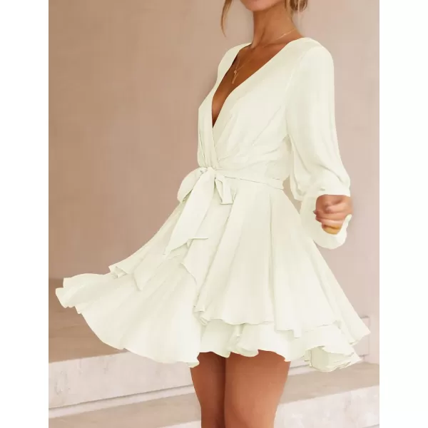 imageZESICA Womens Wrap V Neck Dress Long Sleeve 2023 Tie Waist Ruffle Hem Cocktail Wedding Party Swing Mini DressesBeige