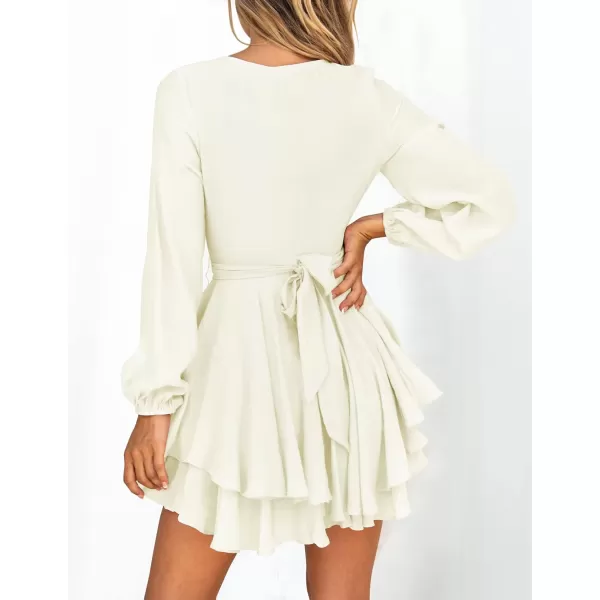 imageZESICA Womens Wrap V Neck Dress Long Sleeve 2023 Tie Waist Ruffle Hem Cocktail Wedding Party Swing Mini DressesBeige