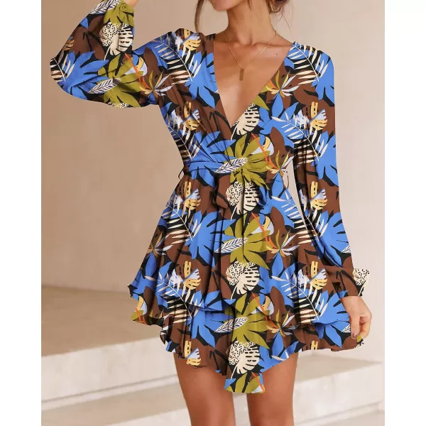 imageZESICA Womens Wrap V Neck Dress Long Sleeve 2023 Tie Waist Ruffle Hem Cocktail Wedding Party Swing Mini DressesBlueyellow