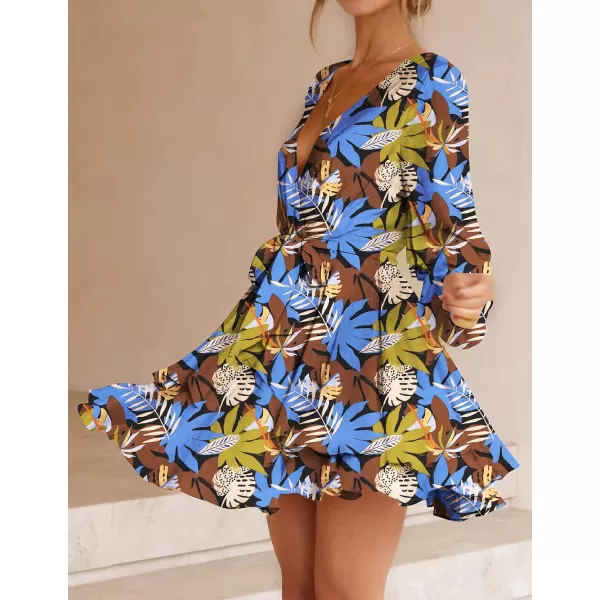 imageZESICA Womens Wrap V Neck Dress Long Sleeve 2023 Tie Waist Ruffle Hem Cocktail Wedding Party Swing Mini DressesBlueyellow