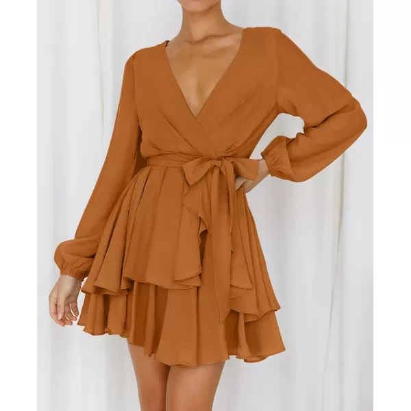 imageZESICA Womens Wrap V Neck Dress Long Sleeve 2023 Tie Waist Ruffle Hem Cocktail Wedding Party Swing Mini DressesCaramel