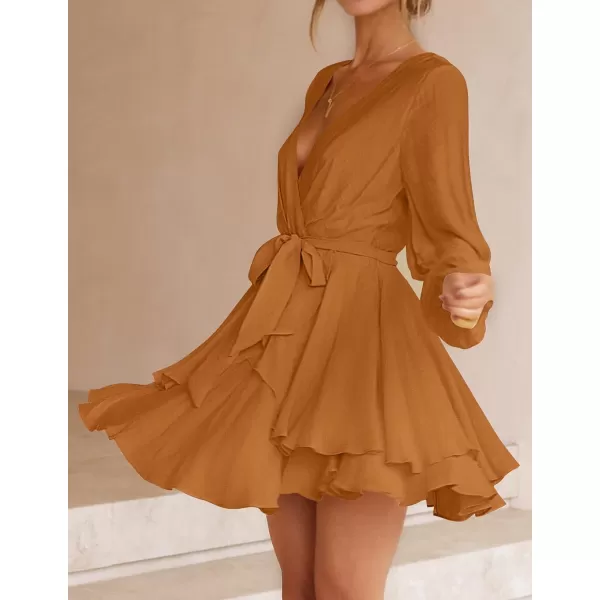 imageZESICA Womens Wrap V Neck Dress Long Sleeve 2023 Tie Waist Ruffle Hem Cocktail Wedding Party Swing Mini DressesCaramel