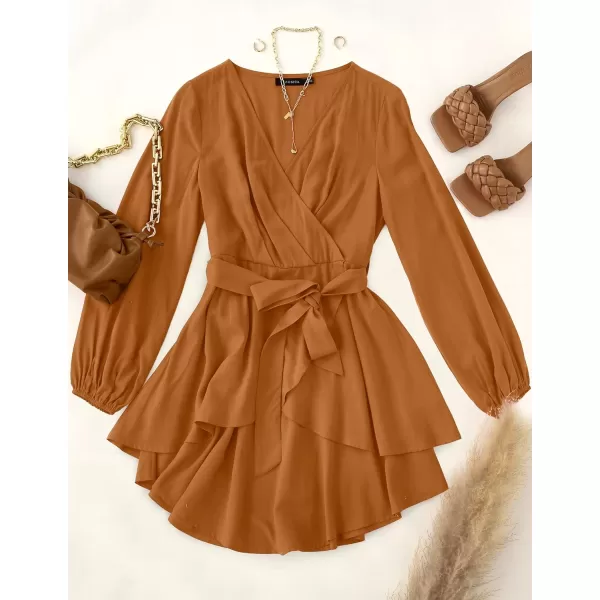 imageZESICA Womens Wrap V Neck Dress Long Sleeve 2023 Tie Waist Ruffle Hem Cocktail Wedding Party Swing Mini DressesCaramel