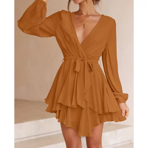 imageZESICA Womens Wrap V Neck Dress Long Sleeve 2023 Tie Waist Ruffle Hem Cocktail Wedding Party Swing Mini DressesCaramel