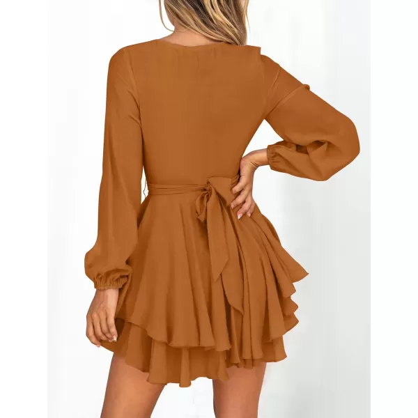 imageZESICA Womens Wrap V Neck Dress Long Sleeve 2023 Tie Waist Ruffle Hem Cocktail Wedding Party Swing Mini DressesCaramel