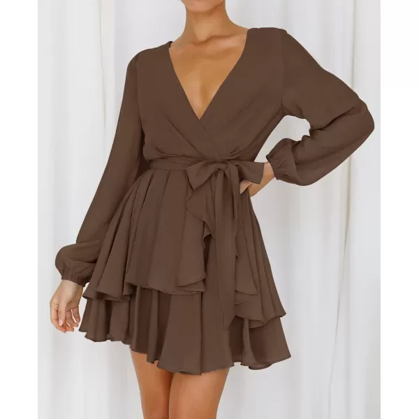 imageZESICA Womens Wrap V Neck Dress Long Sleeve 2023 Tie Waist Ruffle Hem Cocktail Wedding Party Swing Mini DressesCoffee