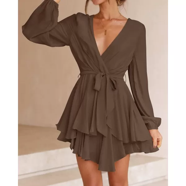 imageZESICA Womens Wrap V Neck Dress Long Sleeve 2023 Tie Waist Ruffle Hem Cocktail Wedding Party Swing Mini DressesCoffee