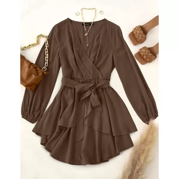 imageZESICA Womens Wrap V Neck Dress Long Sleeve 2023 Tie Waist Ruffle Hem Cocktail Wedding Party Swing Mini DressesCoffee