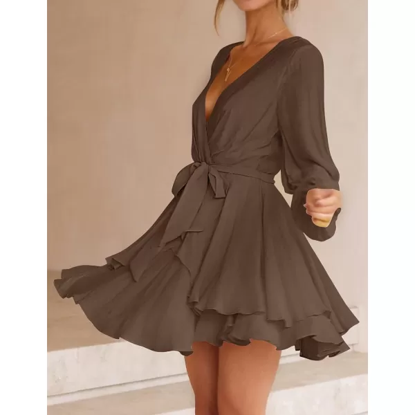 imageZESICA Womens Wrap V Neck Dress Long Sleeve 2023 Tie Waist Ruffle Hem Cocktail Wedding Party Swing Mini DressesCoffee
