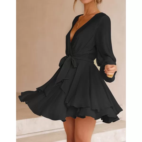 imageZESICA Womens Wrap V Neck Dress Long Sleeve 2023 Tie Waist Ruffle Hem Cocktail Wedding Party Swing Mini DressesDarkblack