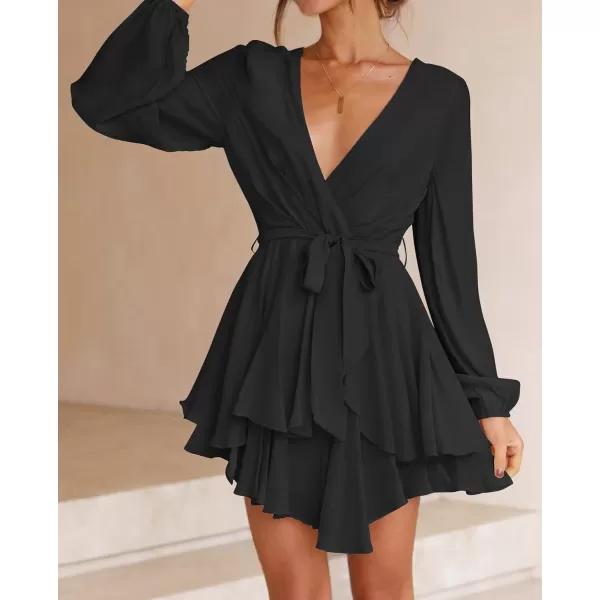 imageZESICA Womens Wrap V Neck Dress Long Sleeve 2023 Tie Waist Ruffle Hem Cocktail Wedding Party Swing Mini DressesDarkblack