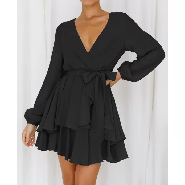 imageZESICA Womens Wrap V Neck Dress Long Sleeve 2023 Tie Waist Ruffle Hem Cocktail Wedding Party Swing Mini DressesDarkblack