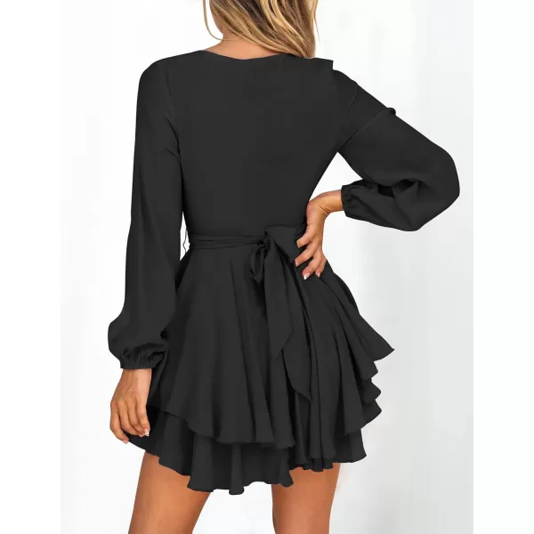 imageZESICA Womens Wrap V Neck Dress Long Sleeve 2023 Tie Waist Ruffle Hem Cocktail Wedding Party Swing Mini DressesDarkblack