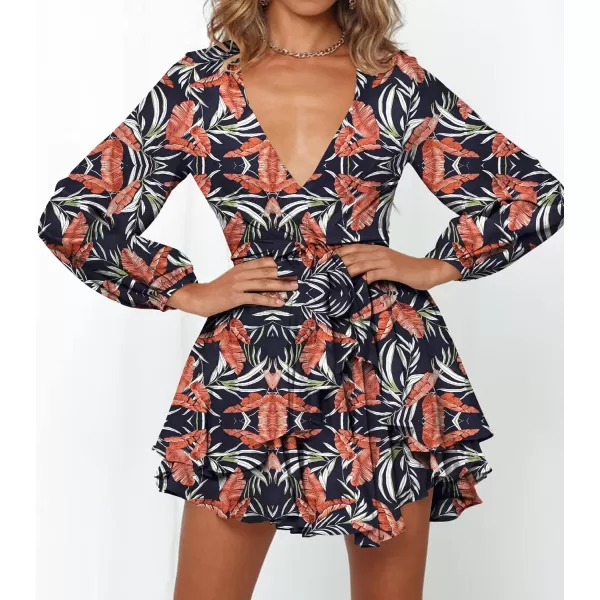 imageZESICA Womens Wrap V Neck Dress Long Sleeve 2023 Tie Waist Ruffle Hem Cocktail Wedding Party Swing Mini DressesDarkblue