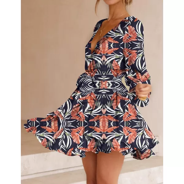 imageZESICA Womens Wrap V Neck Dress Long Sleeve 2023 Tie Waist Ruffle Hem Cocktail Wedding Party Swing Mini DressesDarkblue