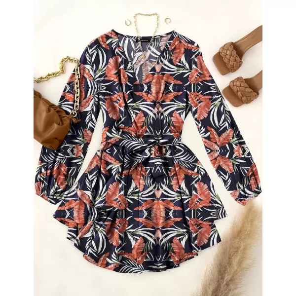 imageZESICA Womens Wrap V Neck Dress Long Sleeve 2023 Tie Waist Ruffle Hem Cocktail Wedding Party Swing Mini DressesDarkblue