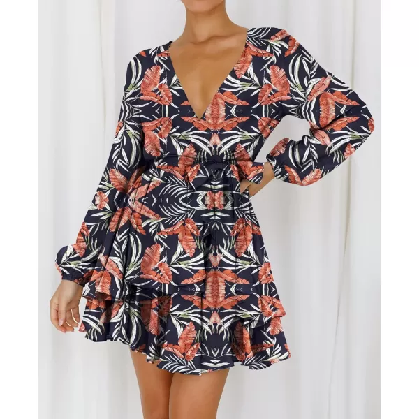 imageZESICA Womens Wrap V Neck Dress Long Sleeve 2023 Tie Waist Ruffle Hem Cocktail Wedding Party Swing Mini DressesDarkblue